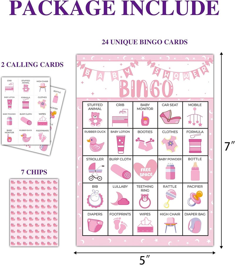 Disfuco Pink Shower Party Bingo Cards, Shower Bingo Game, Shower Party Games for Adults, Gender Reveal Party Games Favors Supplies Decorations, 24 Players Bingo Game (A03) - Image 2